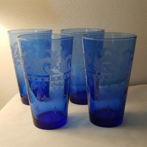 Vintage Cobalt Blue Fleur de Lis Scroll pattern Libbey Glasses Set of Four